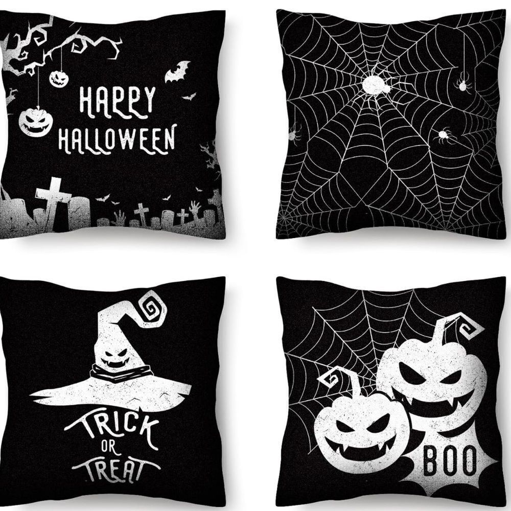 Halloween Pillow Covers 18x18 4PCS Pumpkin Witch Hat Linen Throw Pillow